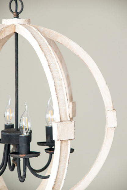 6 Light Wood Chandelier, Hanging Light Fixture With Adjustable Chain For Kitchen, Bulb Not Included - White