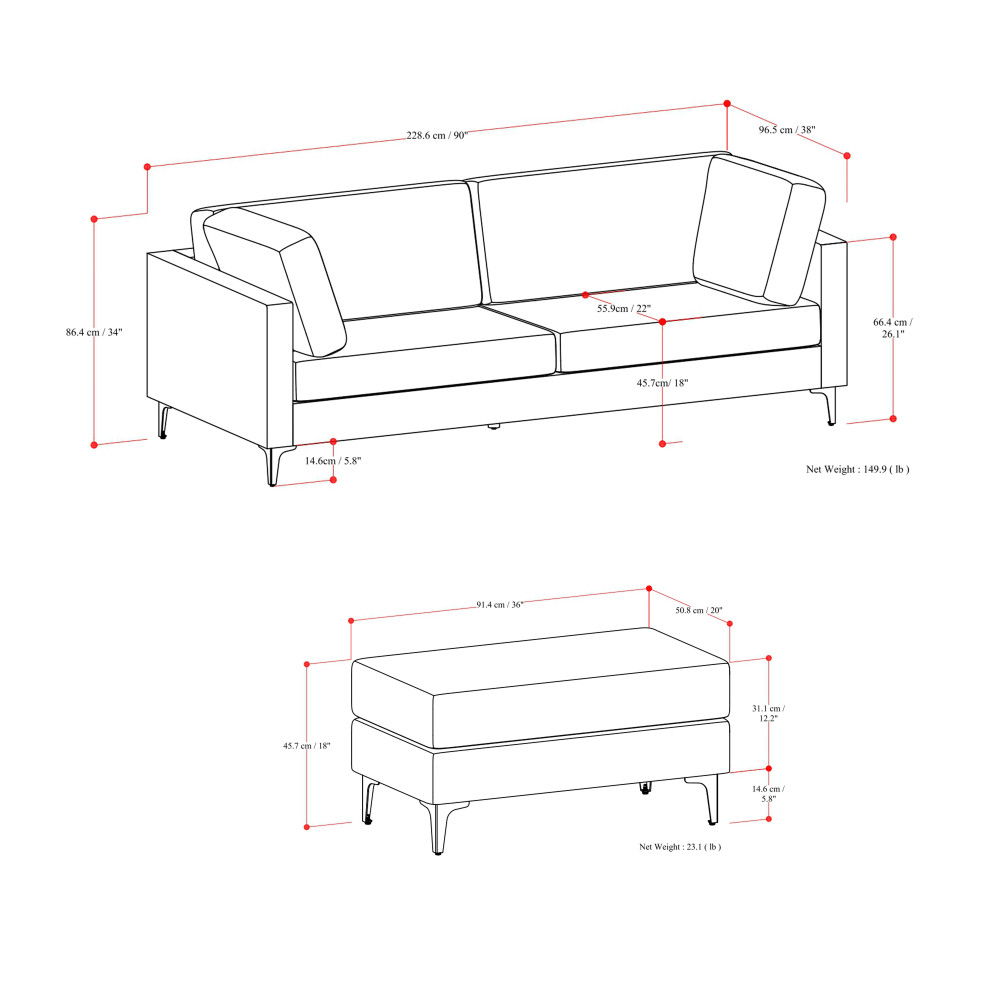 Ava - Mid Century Sofa With Ottoman Set - Dark Gray