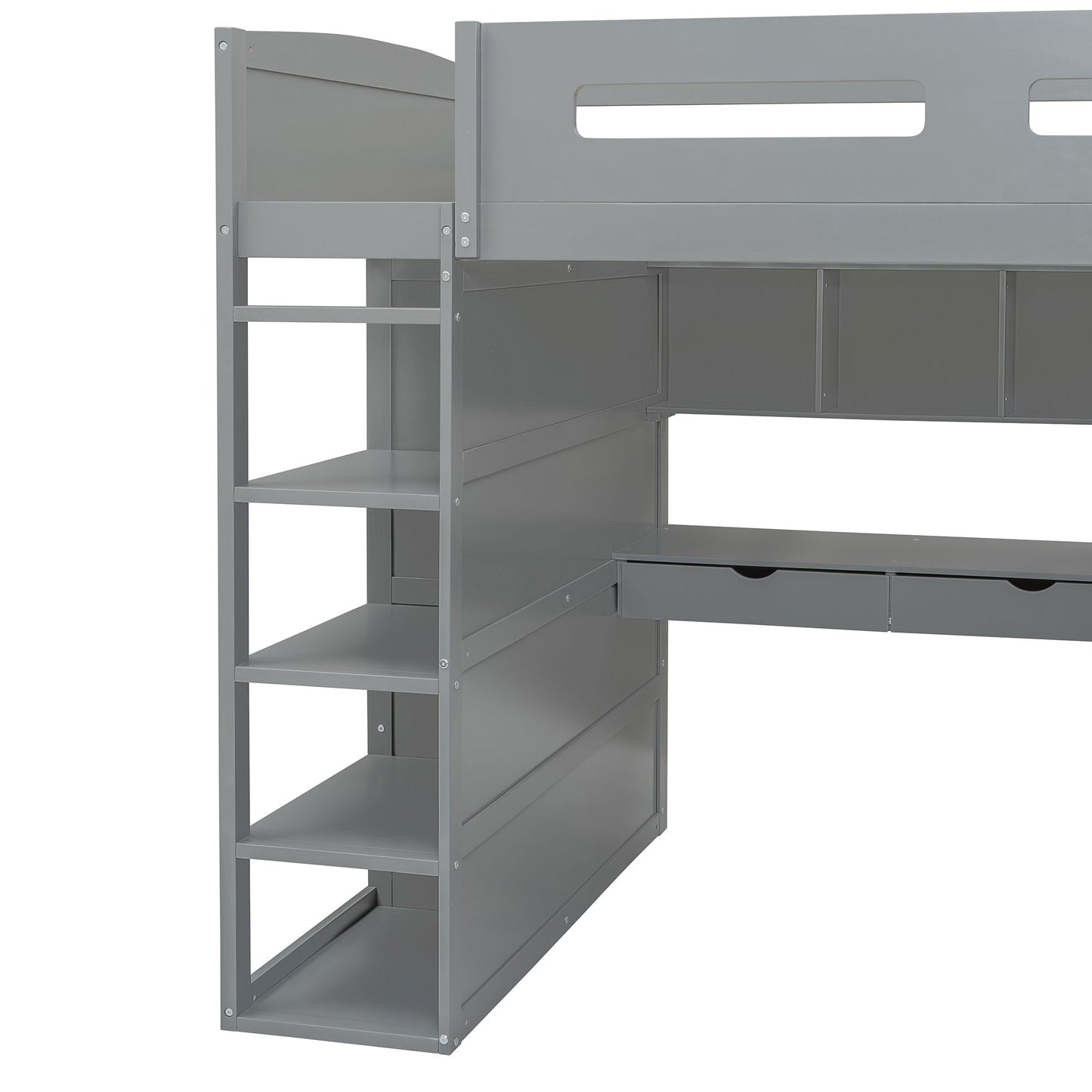 Full Size Loft Bed With Desk, Wardrobes, 4 Drawers And 4 Shelves - Gray