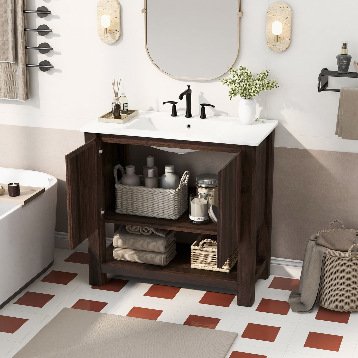 36" Modern Bathroom Vanity With Rectangle Ceramic Sink, Bathroom Cabinet And 45 Degrees Free Handle Design Soft Closing Doors, 1 Open Shelf At The Bottom - Dark Brown