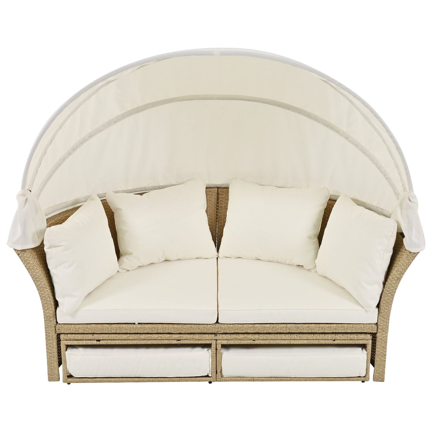 Outdoor Patio Daybed Wicker Rattan Double Daybed Round Sofa Furniture Set With Retractable Canopy, 4 Pillows For Lawn Garden Backyard Porch Pool - Beige