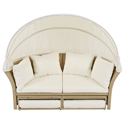 Outdoor Patio Daybed Wicker Rattan Double Daybed Round Sofa Furniture Set With Retractable Canopy, 4 Pillows For Lawn Garden Backyard Porch Pool - Beige