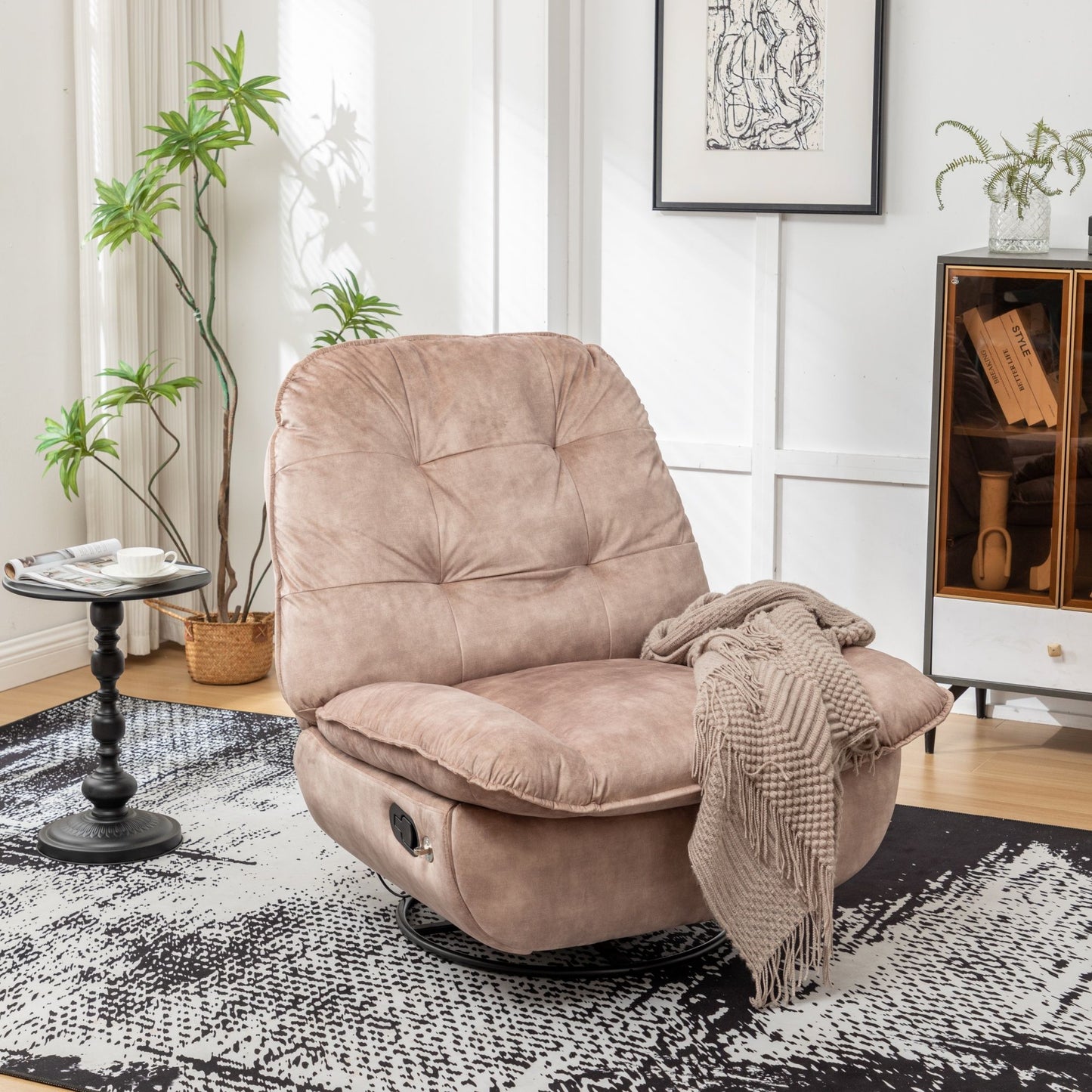Modern Swivel Gliding Recliner Chair With Rocking Function And Phone Holder - Large Comfortable Reading Chair Stamped Velvet - Natural Brown