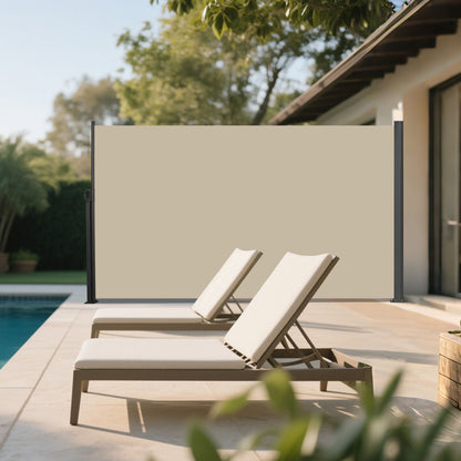 Retractable Side Awning Waterproof And UV Resistant Privacy Screen For Patio Balcony Garden Polyester With Frame - Acacia Wood / Beige