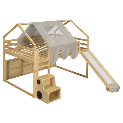 Full Size Loft Bed House Shaped Frame With Tent - Natural / Beige
