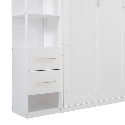 Queen Size Murphy Wall Bed With Shelves, Drawers And LED Lights - White