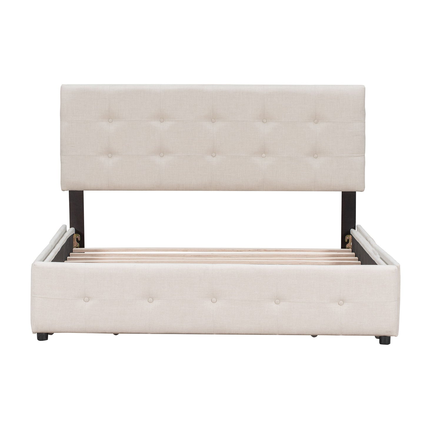 Queen Size Upholstered Platform Bed With Classic Headboard And 4 Drawers, No Box Spring Needed - Beige