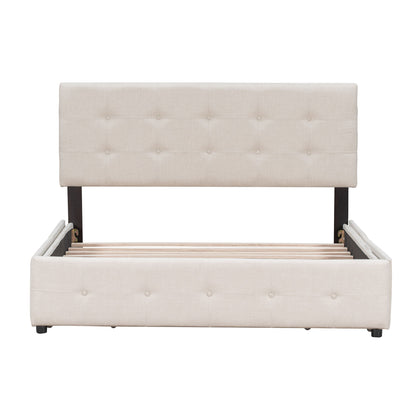 Queen Size Upholstered Platform Bed With Classic Headboard And 4 Drawers, No Box Spring Needed - Beige