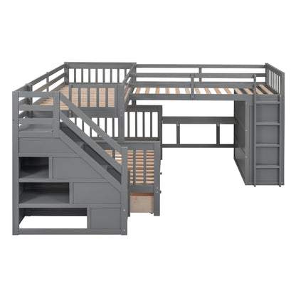 Twin Twin Over Full L Shaped Bunk Bed With 3 Drawers, Portable Desk And Wardrobe - Gray