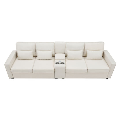 Upholstered Sofa With Console, 2 Cupholders And 2 USB Ports Wired Or Wirelessly Charged, Modern Linen Fabric Couches With 4 Pillows (4 Seat) - Beige