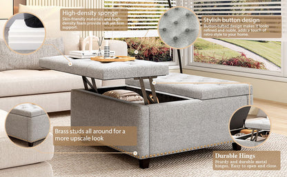 Large Square Storage Bench, Footstool With 2 Storage Doors, Mid - Century Modern Coffee Table For Living Room, Nailhead Inlay - Light Gray