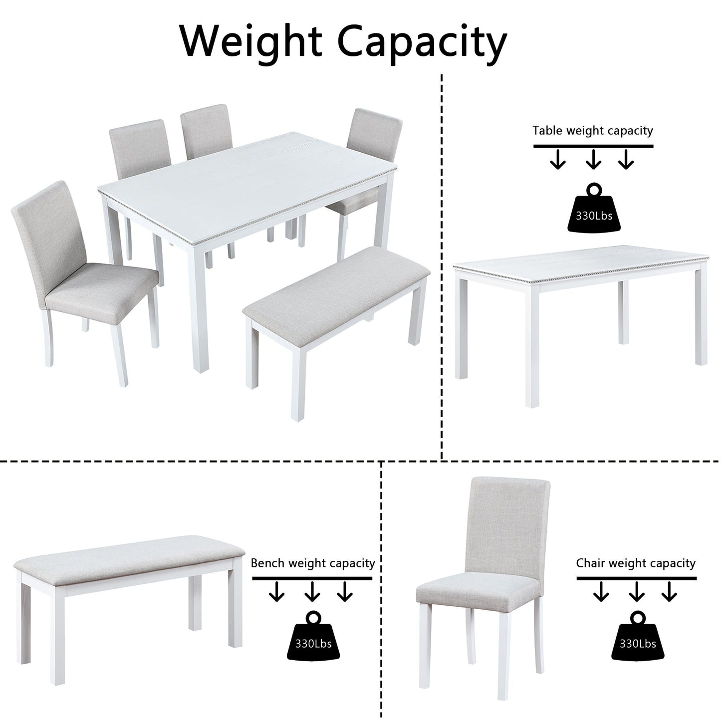 6 Piece Wooden Dining Table Set, Wooden Dining Table With 4 Upholstered Chairs And Bench For 6 People, Rectangular Dining Table Set With Crystal Decoration For Kitchen, Dining Room - White