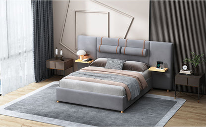 Queen Upholstered Platform Bed, 2 Outlets And USB Charging Ports On Both Sides, 2 Bedside Pillows, Storage Shelves - Gray