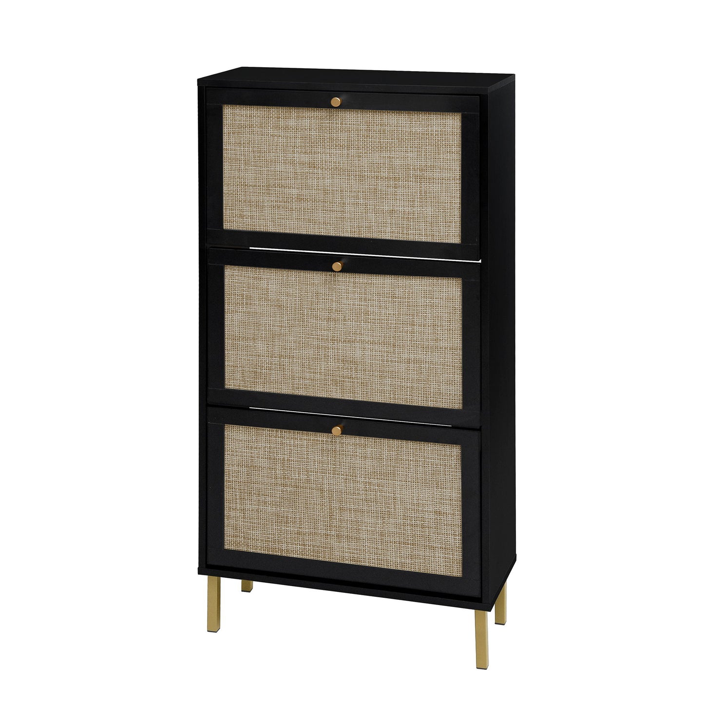 Modern Rattan 3 Door Shoe Rack Cabinet For Entryway Freestanding Black Storage Unit In Particle Board - Black