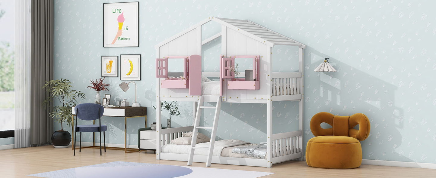 Twin Over Twin House Bunk Bed With Roof, Window, Window Box, Door, With Safety Guardrails And Ladder - Pink / White
