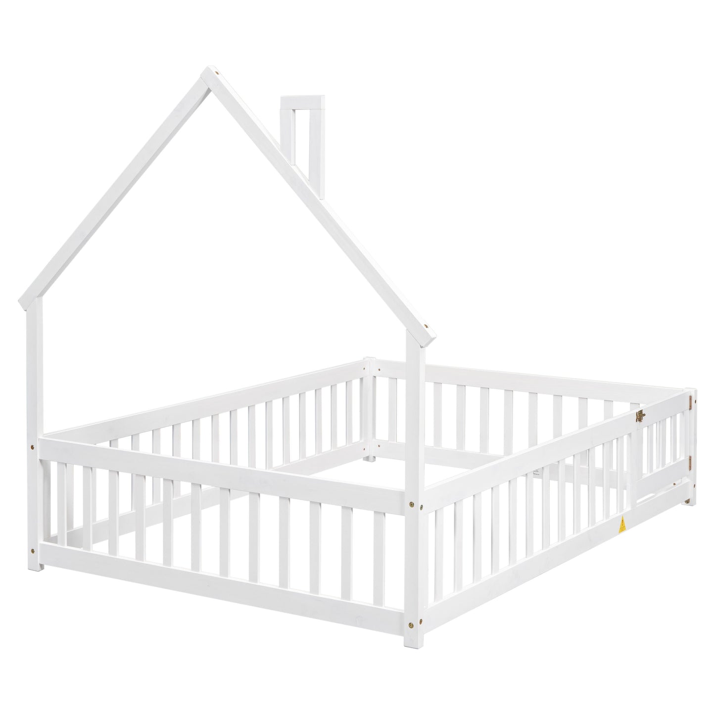 Full House-Shaped Headboard Floor Bed With Fence - White