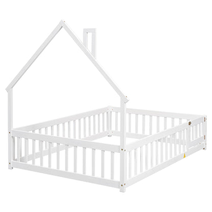 Full House-Shaped Headboard Floor Bed With Fence - White