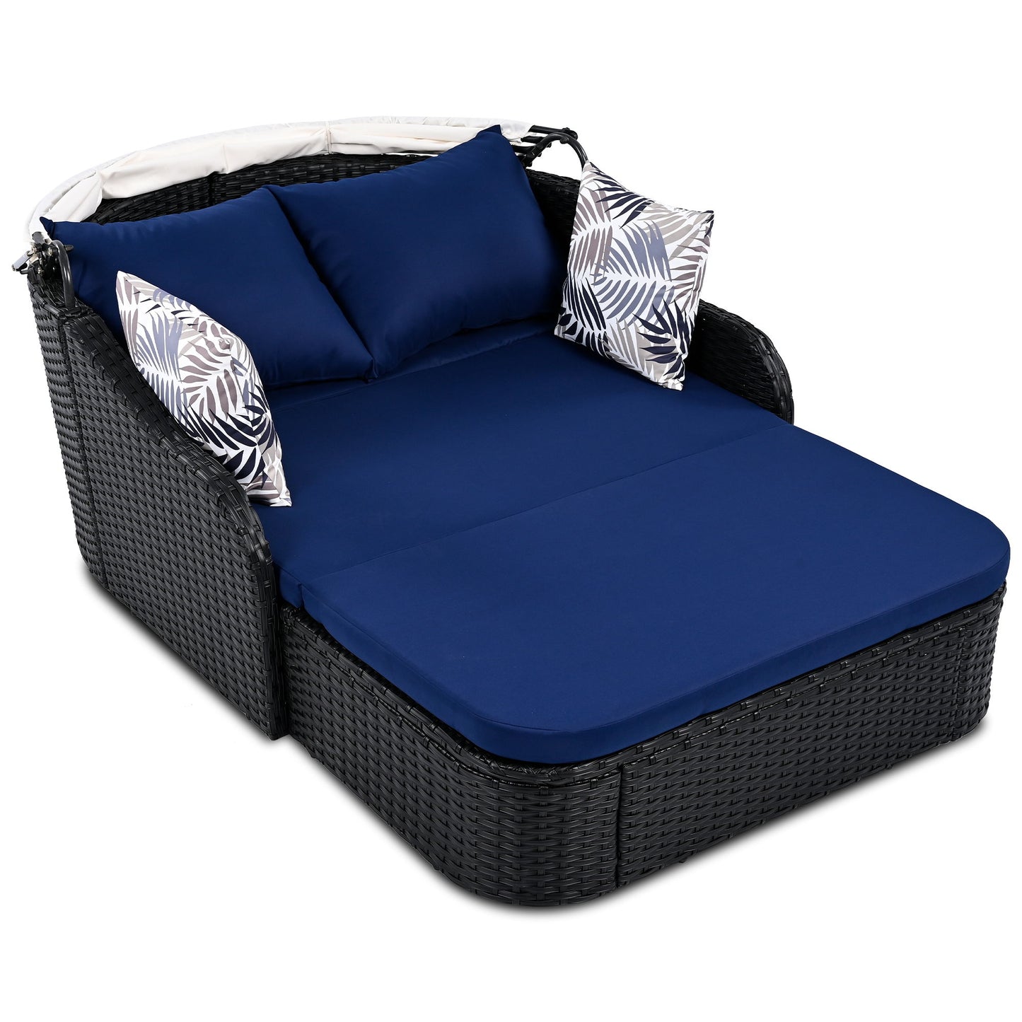 Outdoor Sunbed With Adjustable Canopy, Double Lounge, Daybed - Black / Blue