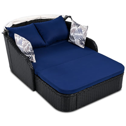 Outdoor Sunbed With Adjustable Canopy, Double Lounge, Daybed - Black / Blue