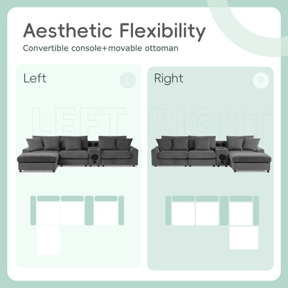 Sectional With Bluetooth Speakers L Shaped Couch With Console USB Charger, Cup Holders Storage Ottoman Deep And Wide Seat Cloud Sofa - Dark Gray