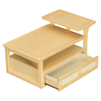 Modern Coffee Table, Coffee Table With 1 Storage Shelf, 2 Tabletops And 1 Rattan Drawer For Living Room - Natural