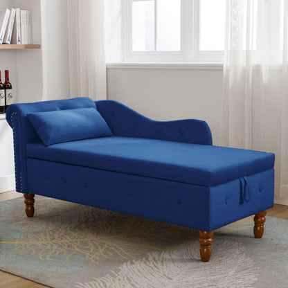 Chaise Lounge Indoor, Velvet Lounge Chair For Bedroom With Storage & Pillow, Modern Upholstered Rolled Arm Chase Lounge For Sleeping With Nailhead Trim For Living Room Bedroom Office - Navy Blue
