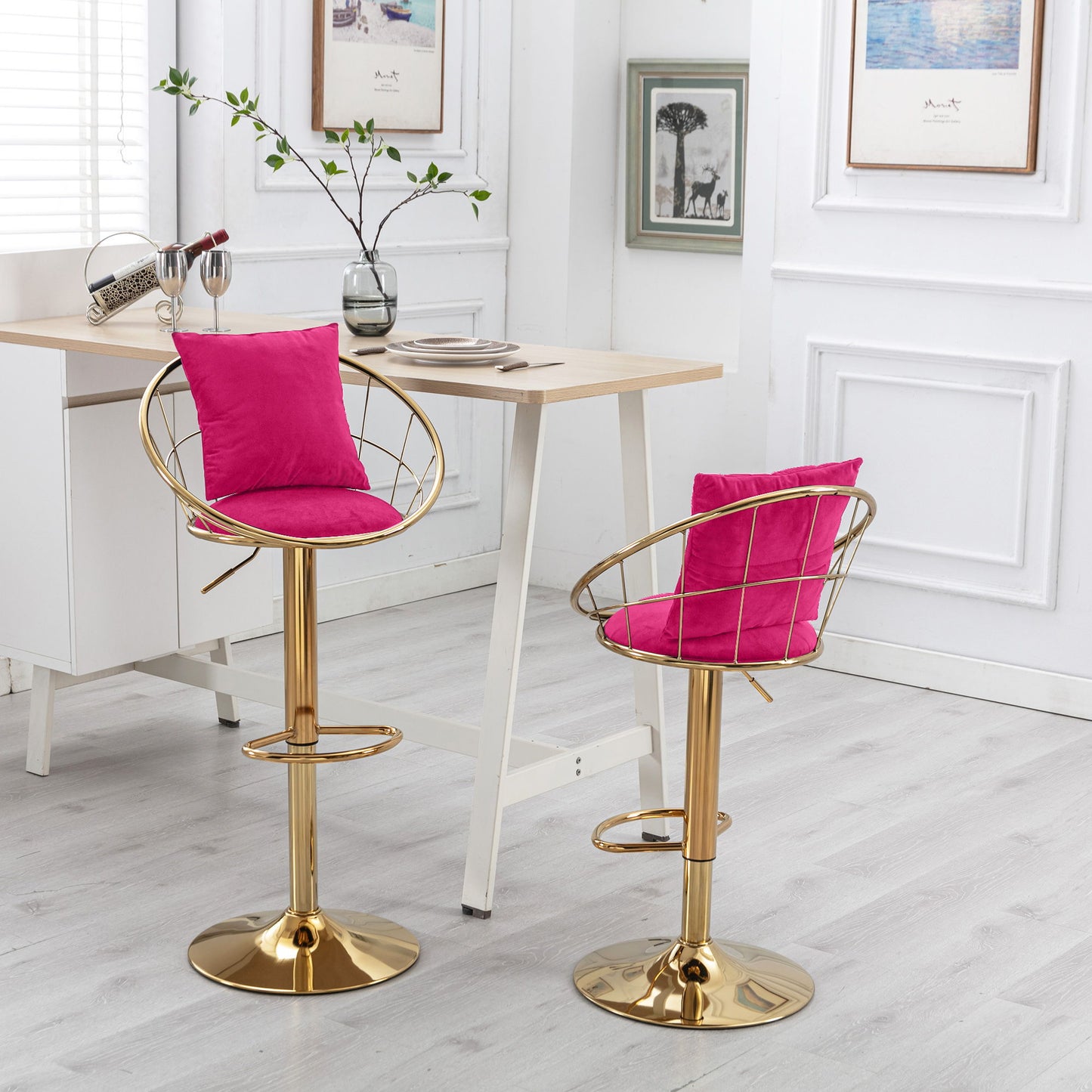 Velvet Bar Chair, Pure Gold Plated, Unique Design, 360 Degree Rotation, Adjustable Height, Suitable For Dining Room And Bar, (Set of 2) - Rose Red