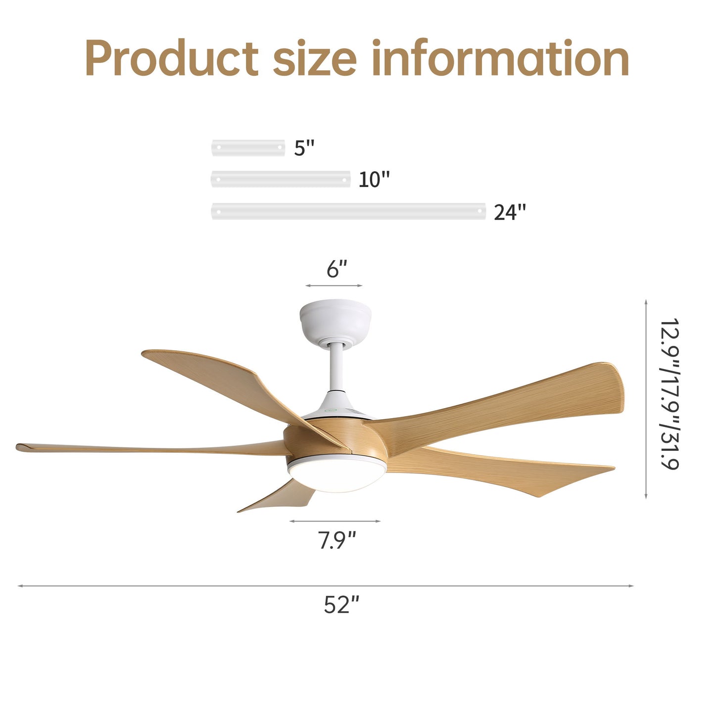 Modern Ceiling Fan With 22W LED Light And Remote Control 5 ABS Blades For Living Room - White