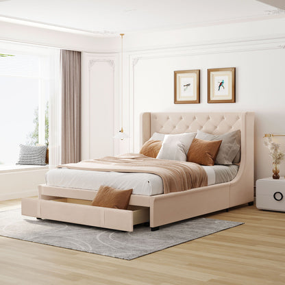 Queen Size Storage Upholstered Platform Bed With Wingback Headboard And A Big Drawer - Beige
