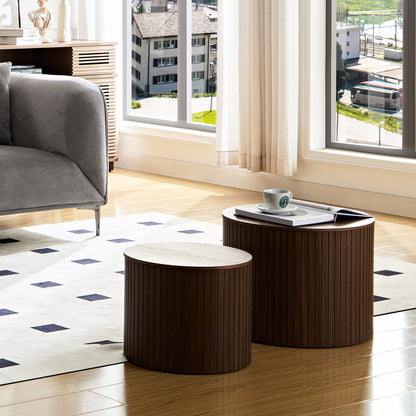 Handcrafted Nested Table Set 2 Pieces, Round Coffee Table - Walnut Color