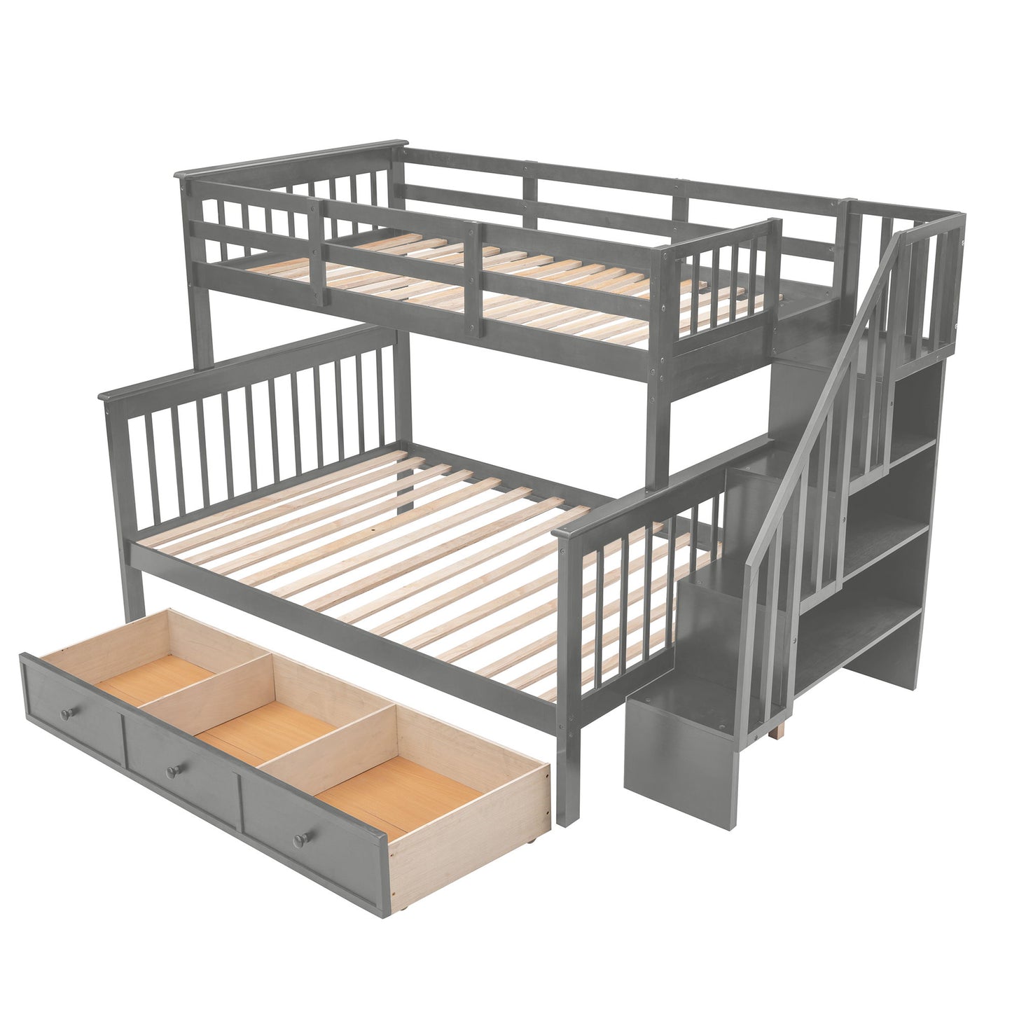Twin Over Full Stairway Bunk Bed With Drawer, Storage And Guard Rail For Bedroom - Gray