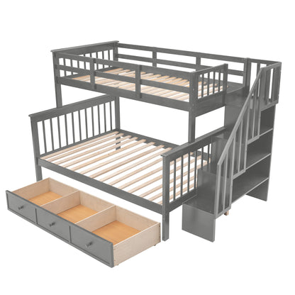 Twin Over Full Stairway Bunk Bed With Drawer, Storage And Guard Rail For Bedroom - Gray