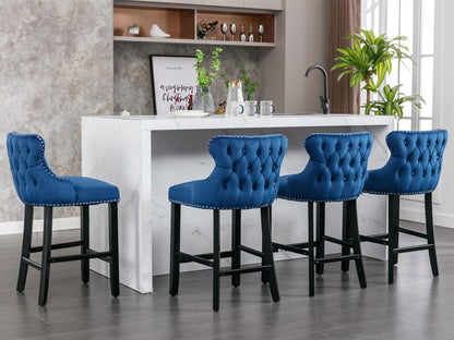 Contemporary Velvet Upholstered Wing-Back Barstools With Button Tufted Decoration And Wooden Legs, And Chrome Nailhead Trim, Leisure Style Bar Chairs, Bar Stools (Set of 4) - Blue