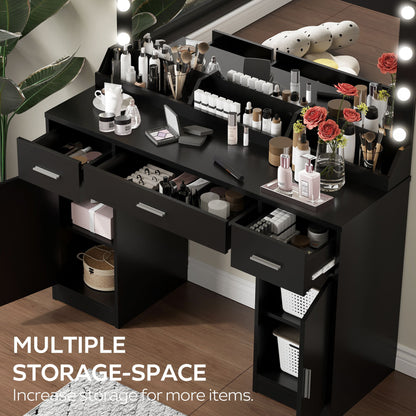 Vanity Desk With Large Mirror, 3 Colour Lighting Modes, Adjustable Brightness, Dresser With 3 Drawers & 2 Vertical Cabinets, Makeup Vanity Table For Women & Girls - Black