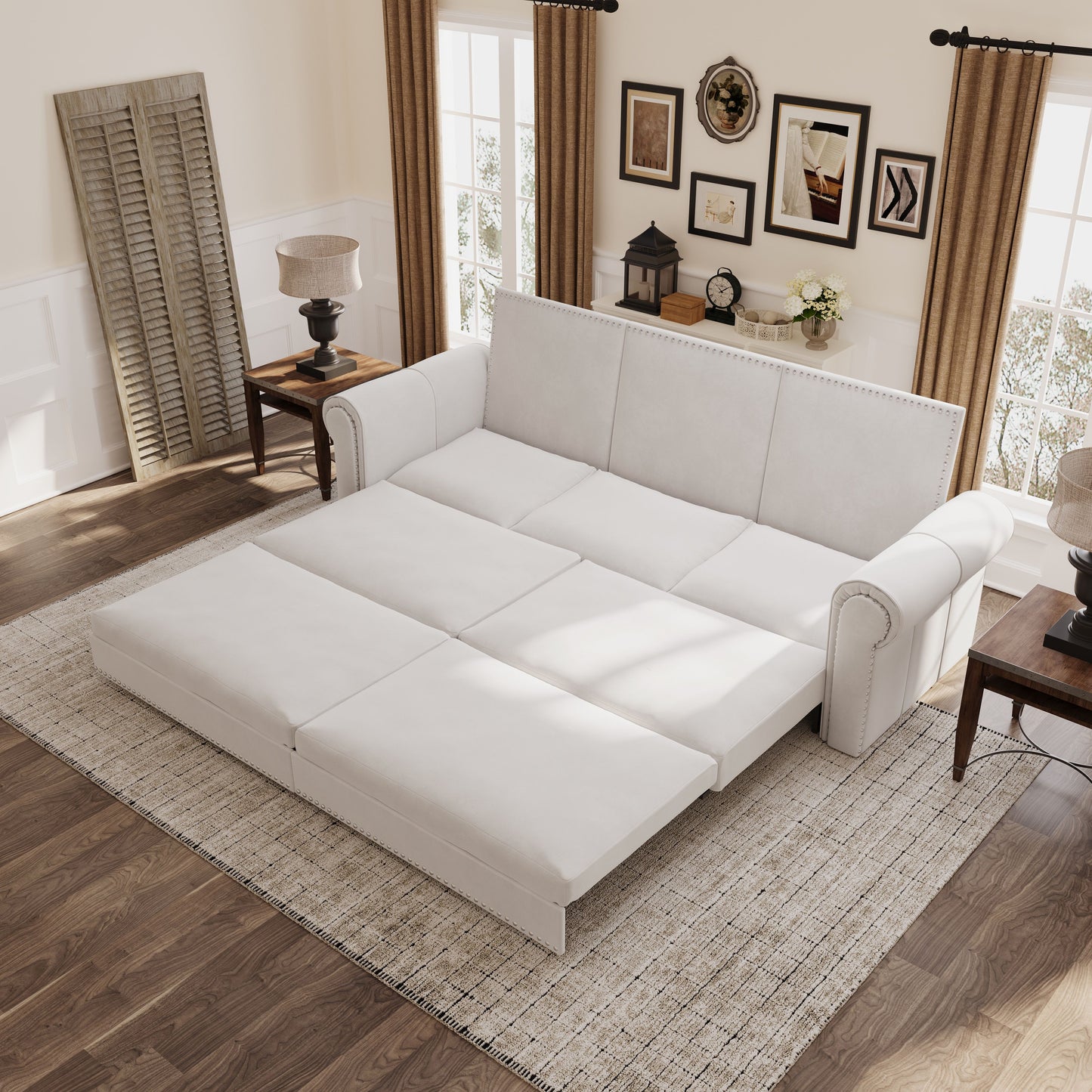 King Pull Out Sofa Bed, Chesterfield Sofa, 3 In 1 Velvet Convertible Sleeper Sofa With Nailhead Trim & Rolled Arm, Multifunctional Sofa Bed For Living Room - Beige