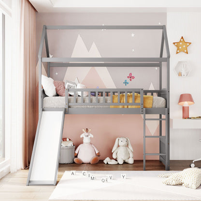 Twin House Loft Bed With Slide - Gray
