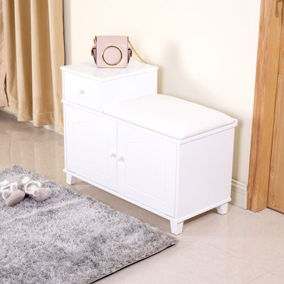 Shoe Storage Bench Cabinet With Fireproof Cushion, Double Doors And Movable Drawer For Door Entrance - White