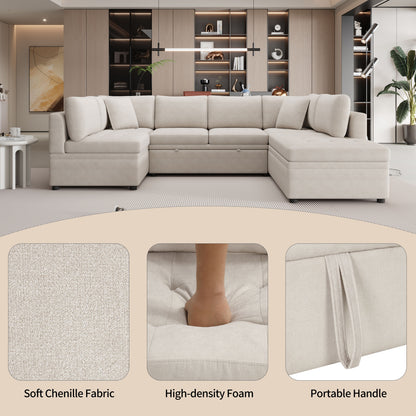 Oversized Sectional Sofa U-Shaped Sofa Couch Pull-Out Sofa Bed With Two Throw Pillows For Living Room - Beige