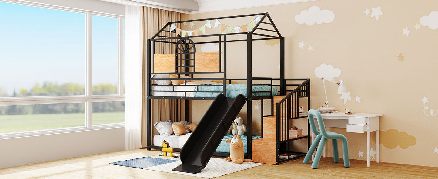 Twin Over Twin Bunk Bed, Housebed With Slide And Storage Stair - Black