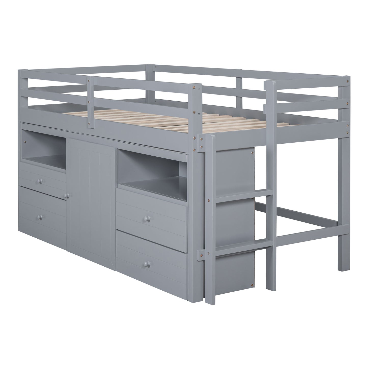 Twin Size Loft Bed With 4 Drawers, Underneath Cabinet And Shelves - Gray