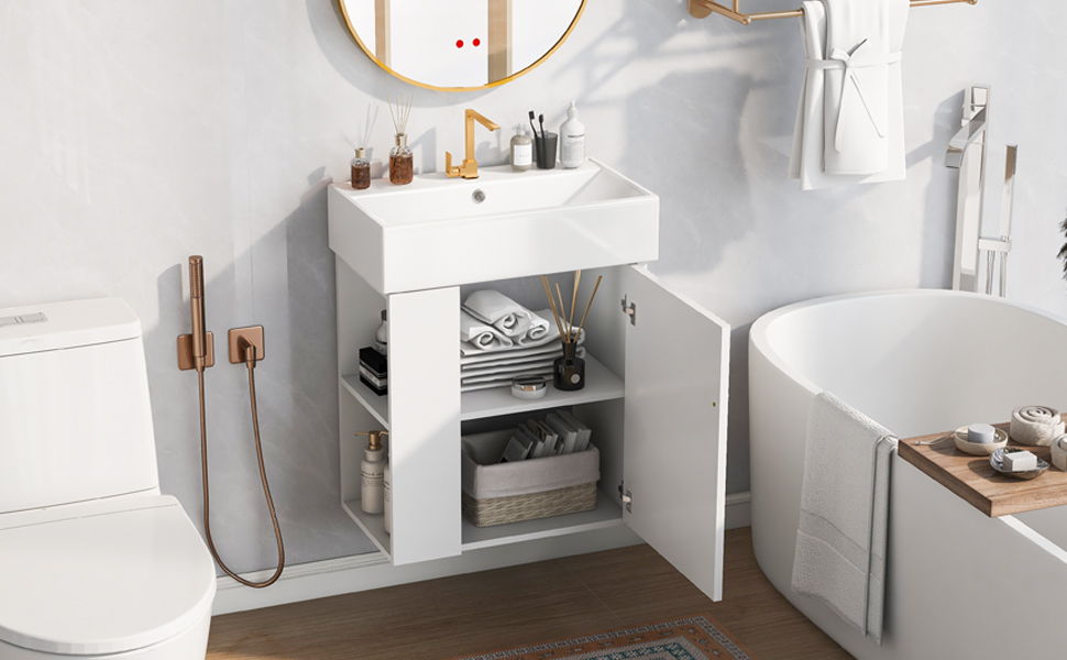 Modern Floating Bathroom Vanity With Ceramic Basin Perfect For Small Bathrooms, Left Side Storage - White