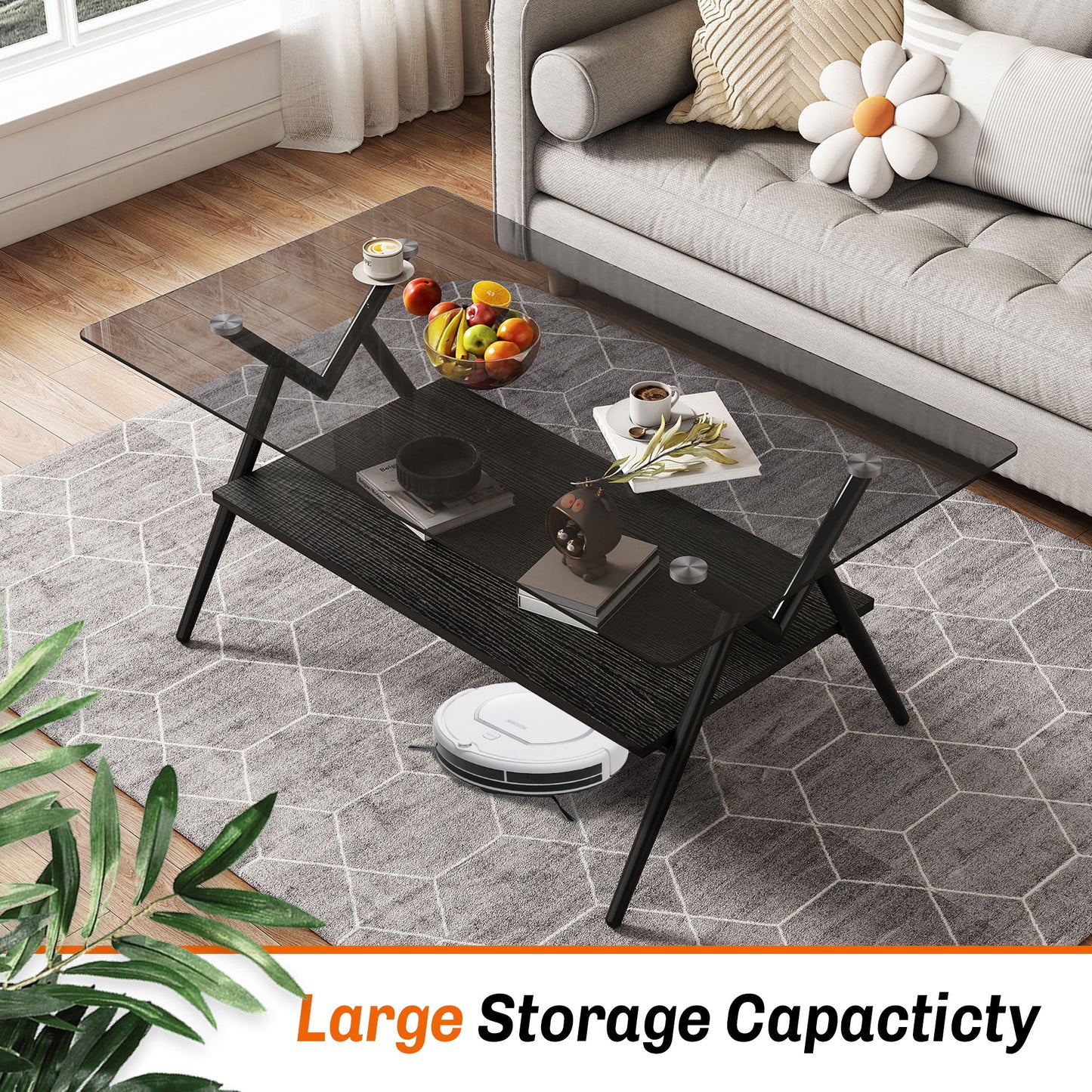 Rectangle Coffee Table With Tempered Glass Top And Black MDF Shelf, Modern Table For Living Room - Gray