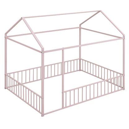 Full Size Bed House Bed Frame With Fence - Pink