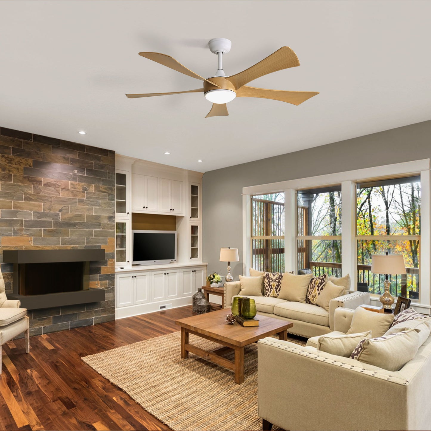 Modern Ceiling Fan With 22W LED Light And Remote Control 5 ABS Blades For Living Room - White