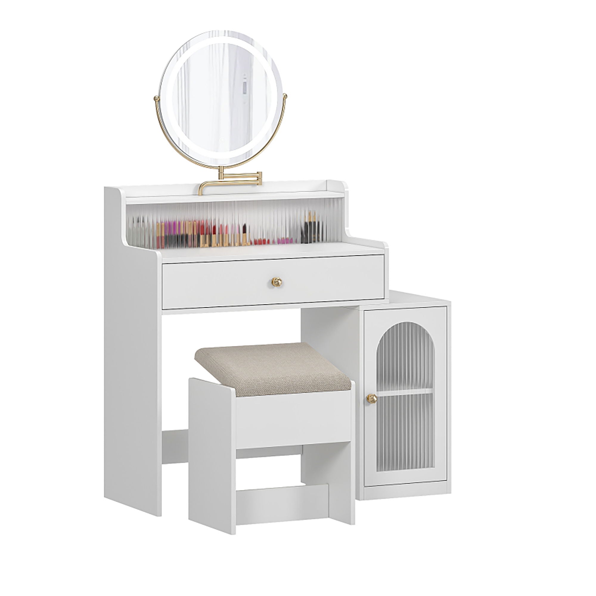 White Vanity Desk With 360ÔøΩÔøΩ Rotated Mirror And Adjustable Lights, Girls Makeup Vanity Table With Storage Chair And Side Cabinet - Antique White