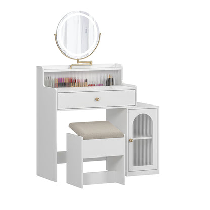 White Vanity Desk With 360ÔøΩÔøΩ Rotated Mirror And Adjustable Lights, Girls Makeup Vanity Table With Storage Chair And Side Cabinet - Antique White