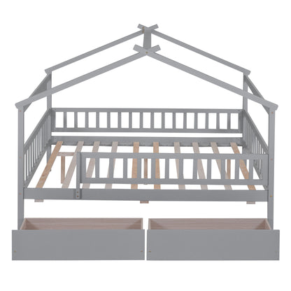 Full Size House Bed With 2 Drawers - Gray