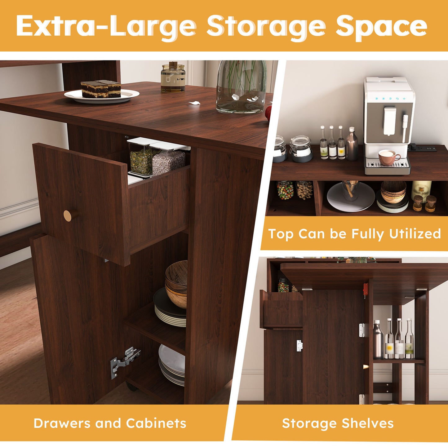 Multifunctional Folding Dining Table With Wall Mounted Sideboard & Storage - Walnut
