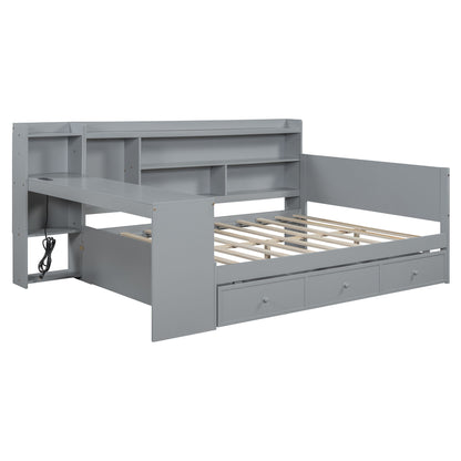 Full Size Daybed With 3 Drawers USB Ports And Desk - Gray