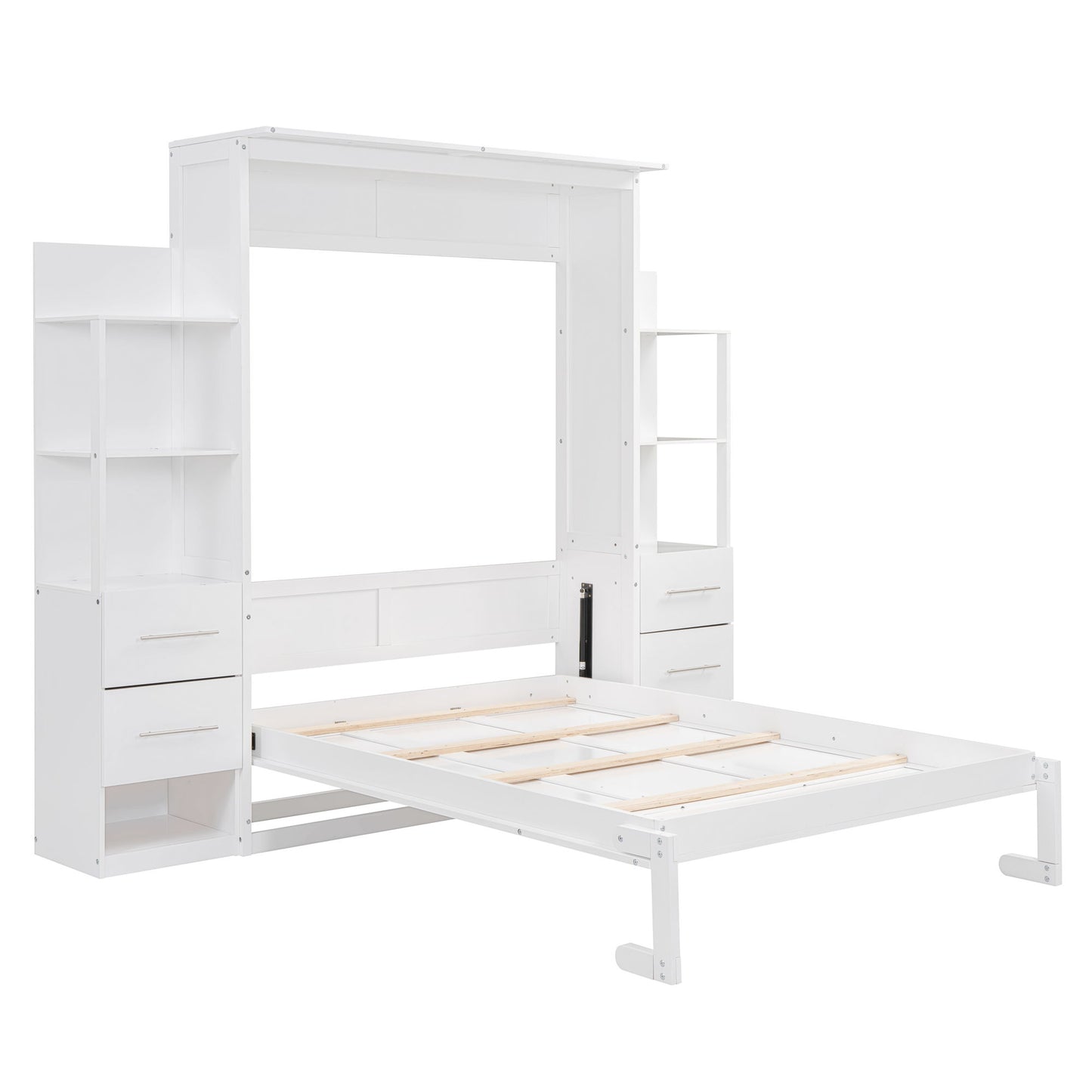 Full Size Murphy Wall Bed With Shelves, Drawers And LED Lights - White
